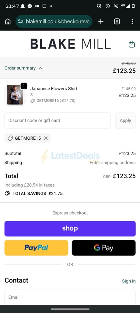 Screenshot of the Blake Mill discount code working