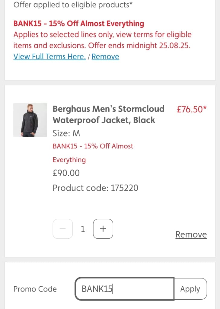 Screenshot of the Millets discount code working