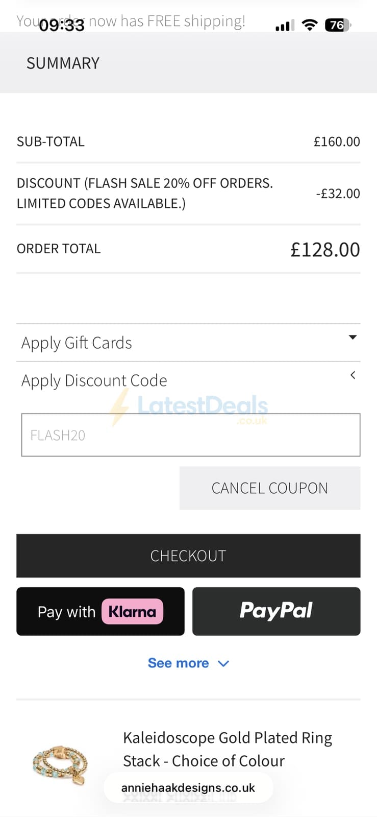 Screenshot of the Annie Haak Designs discount code working