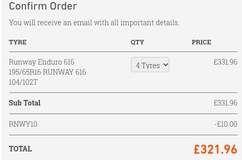 Screenshot of the RAC Tyres discount code working