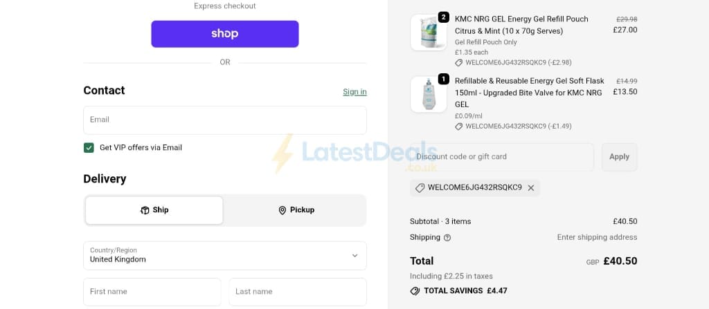 Screenshot of the Kendal Mint Co. discount code working