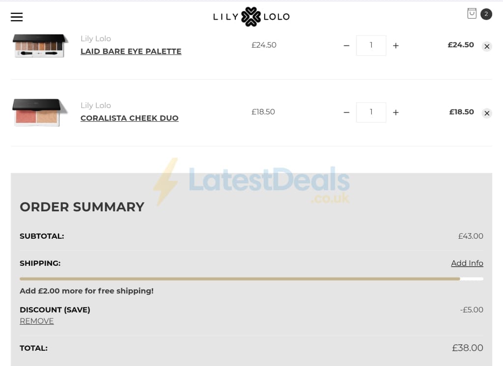 Screenshot of the Lily Lolo discount code working