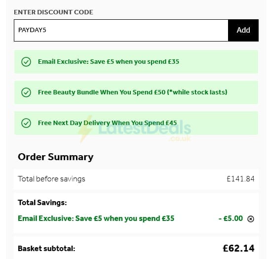 Screenshot of the No7 Beauty discount code working