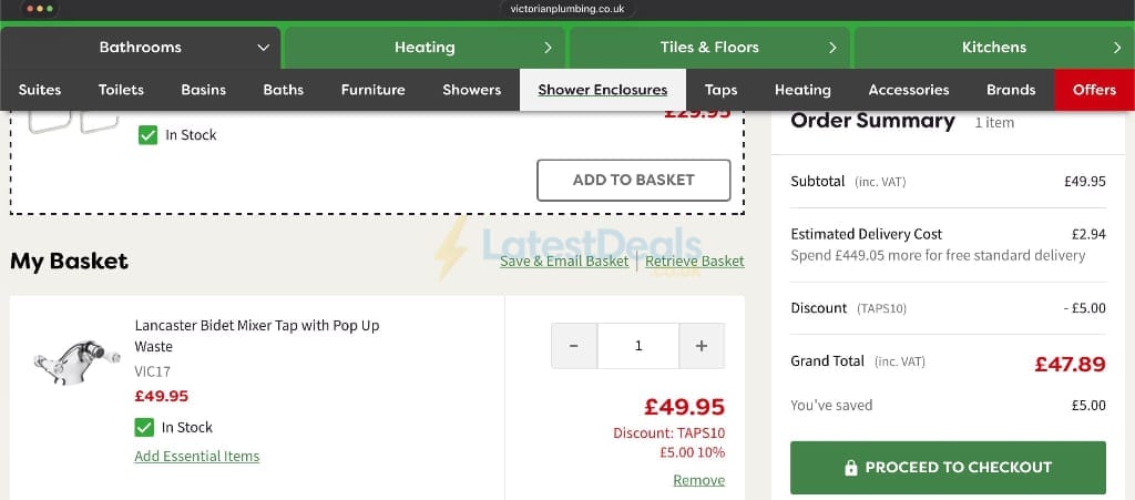 Screenshot of the Victorian Plumbing discount code working