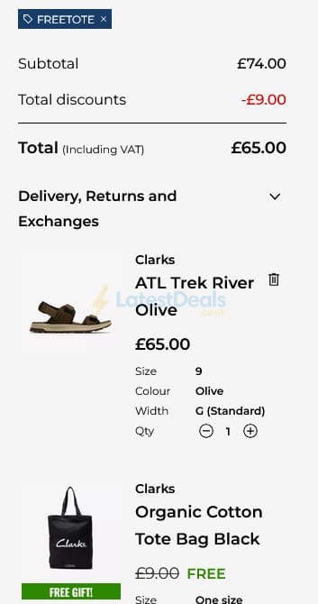 Screenshot of the Clarks discount code working