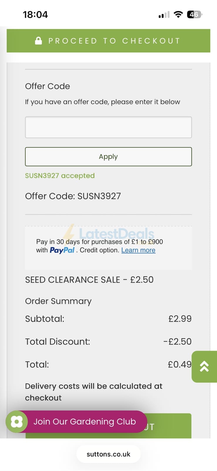 Screenshot of the Suttons discount code working