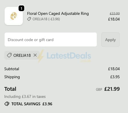 Screenshot of the Orelia discount code working