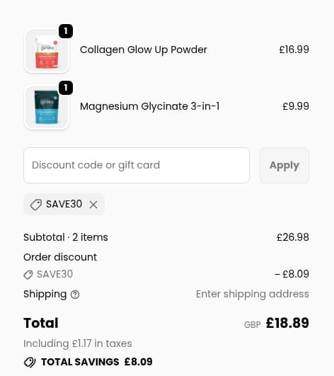 Screenshot of the Nutrition Geeks discount code working