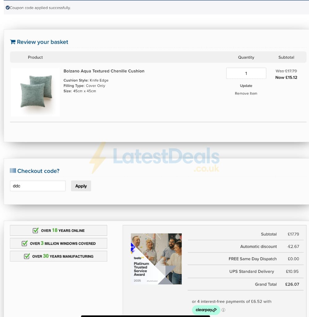 Screenshot of the Unbeatable Blinds discount code working