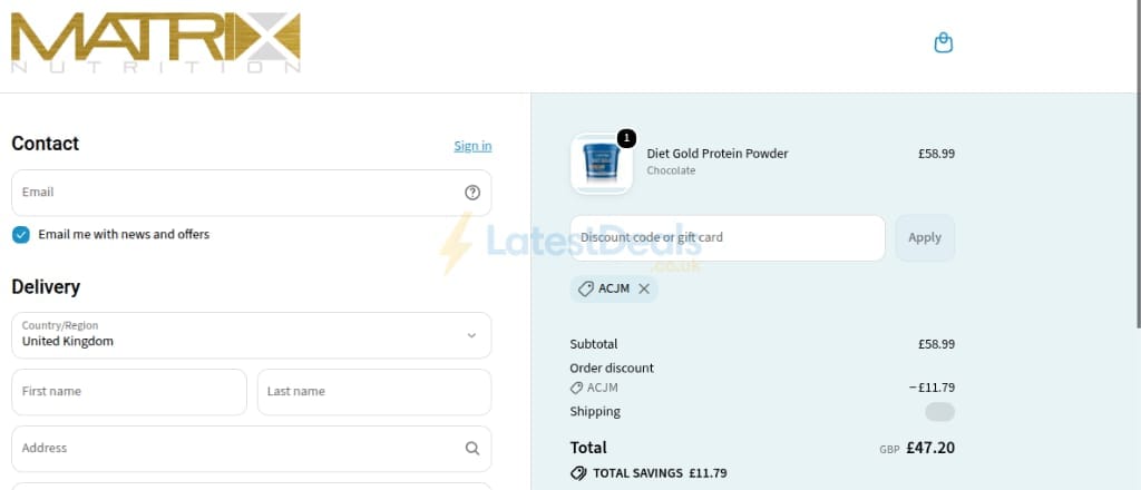 Screenshot of the Matrix Nutrition discount code working