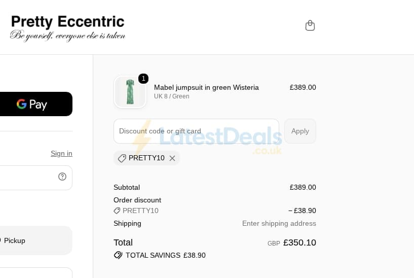 Screenshot of the Pretty Eccentric discount code working