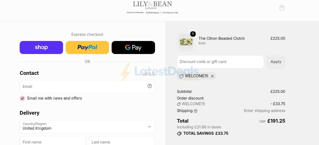 Screenshot of the Lily and Bean discount code working