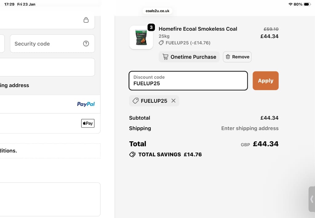 Screenshot of the Coals 2 U discount code working