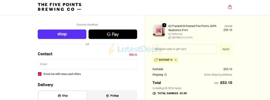Screenshot of the The Five Points Brewing Company discount code working