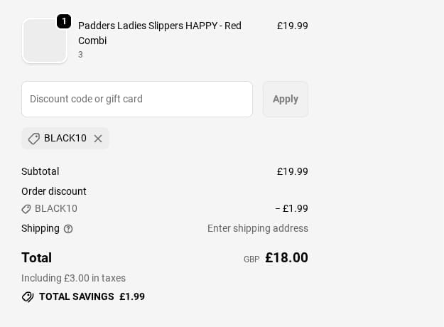 Screenshot of the Padders discount code working