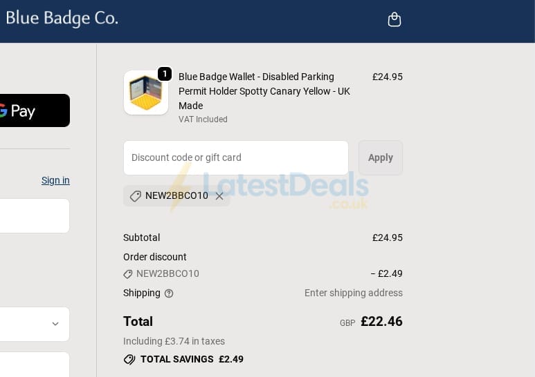 Screenshot of the Blue Badge Co discount code working
