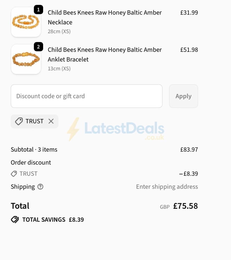 Screenshot of the Love Amber X discount code working