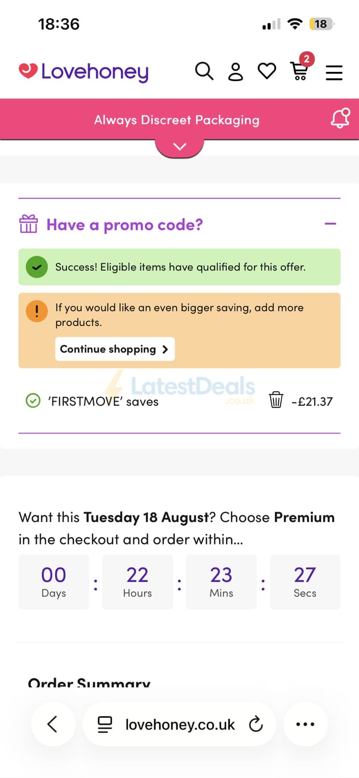 Screenshot of the Lovehoney discount code working