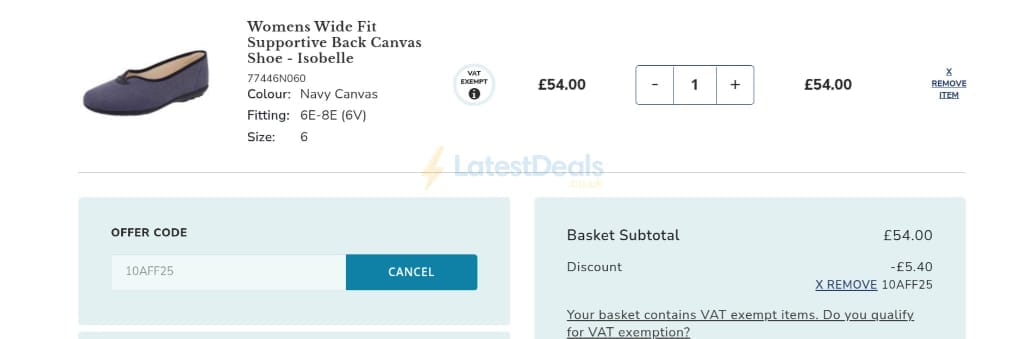 Screenshot of the Wider Fit Shoes discount code working