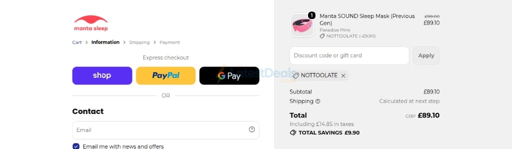 Screenshot of the Manta Sleep discount code working