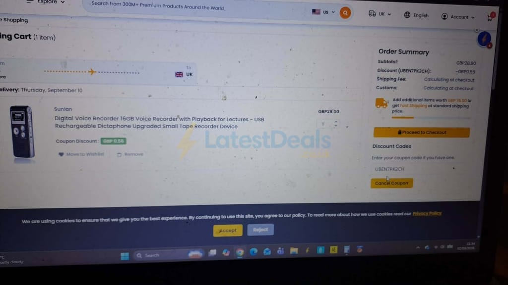 Screenshot of the Ubuy UK discount code working