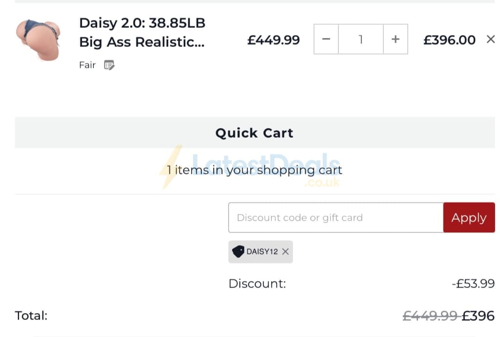 Screenshot of the Tantaly discount code working