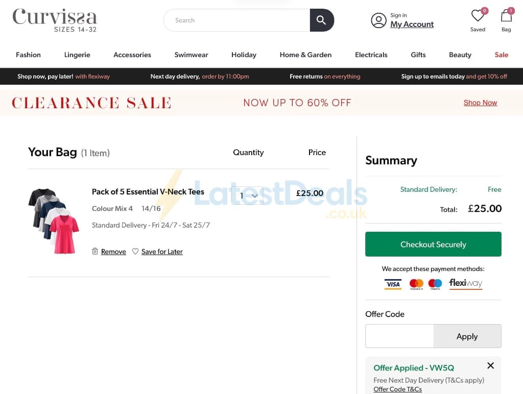 Screenshot of the Curvissa discount code working
