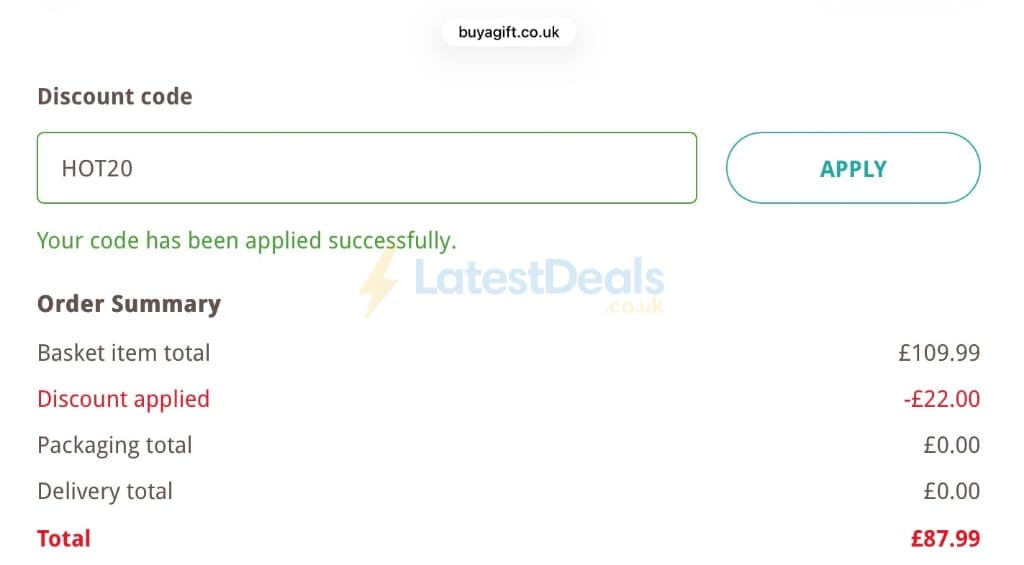 Screenshot of the Buyagift discount code working