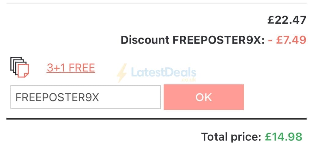 Screenshot of the UKposters discount code working
