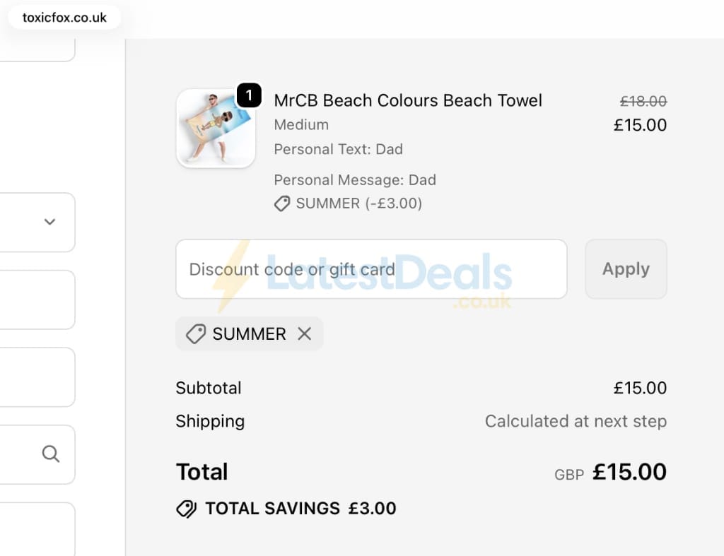 Screenshot of the Toxicfox discount code working