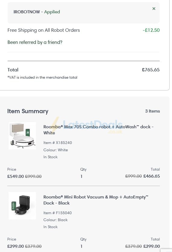 Screenshot of the iRobot discount code working