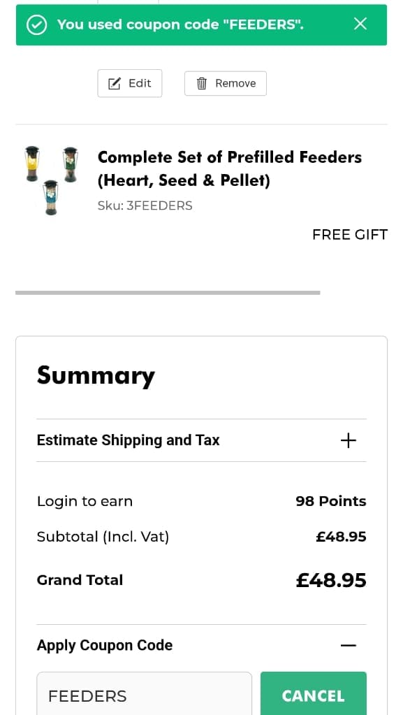 Screenshot of the Ivel Valley Bird Food discount code working