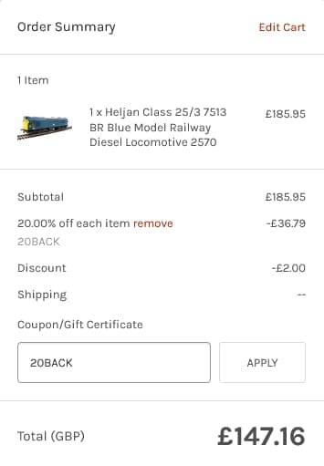 Screenshot of the Railway Model Store discount code working