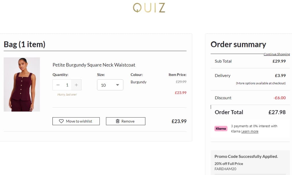Screenshot of the Quiz Clothing discount code working