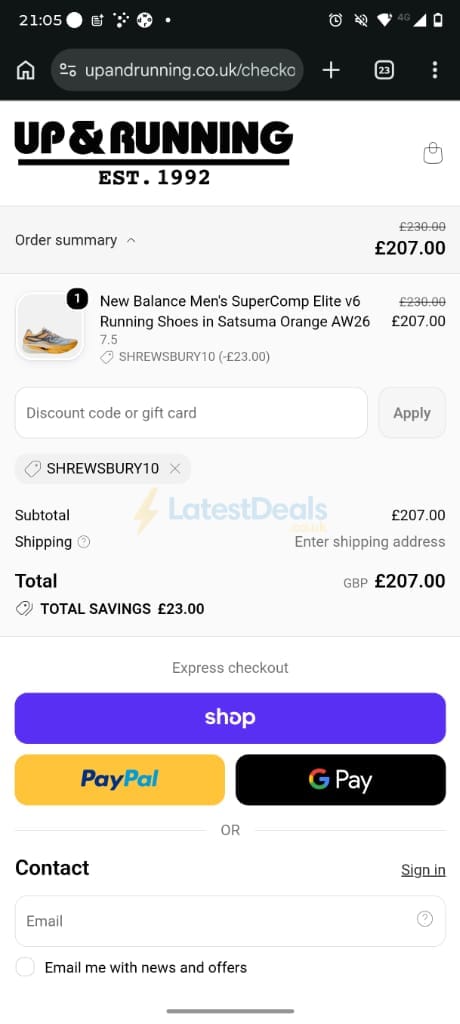 Screenshot of the Up & Running discount code working