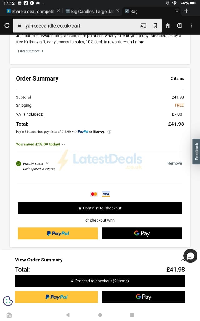 Screenshot of the Yankee Candle discount code working