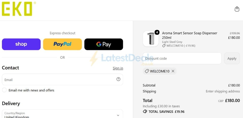 Screenshot of the EKO Home discount code working