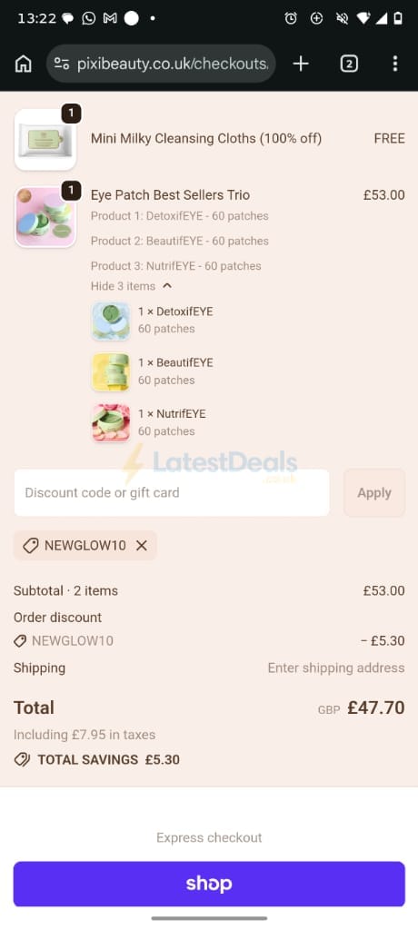 Screenshot of the Pixi Beauty discount code working