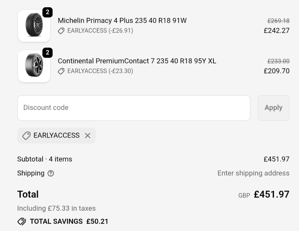 Screenshot of the Tire Streets discount code working