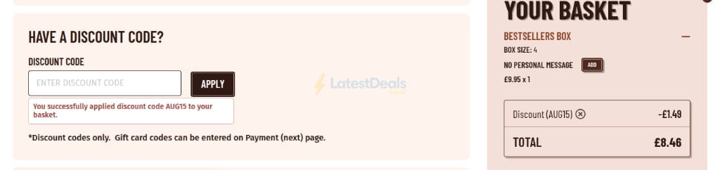 Screenshot of the The Homemade Brownie Company discount code working