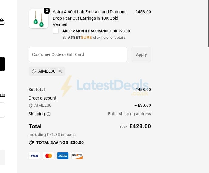 Screenshot of the The Diamond Store discount code working