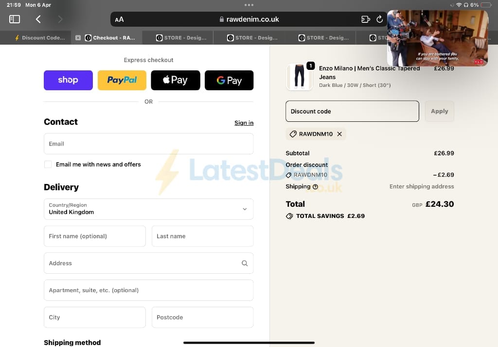 Screenshot of the Raw Denim discount code working