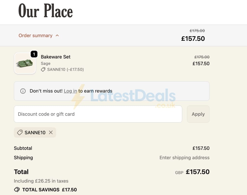 Screenshot of the Our Place discount code working