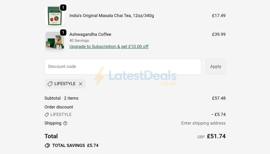 Screenshot of the Vahdam Teas discount code working