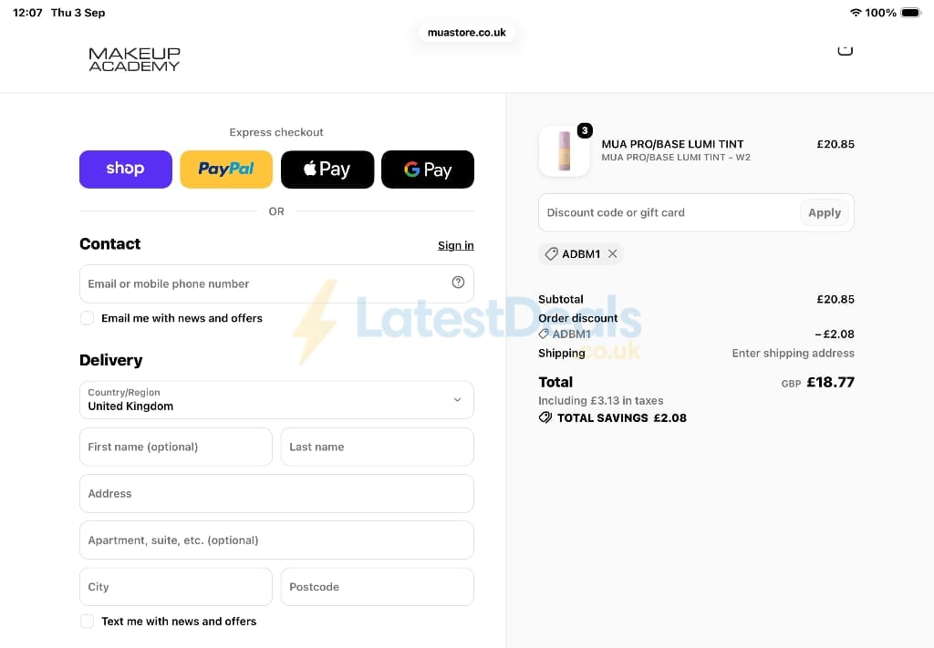 Screenshot of the MUA discount code working