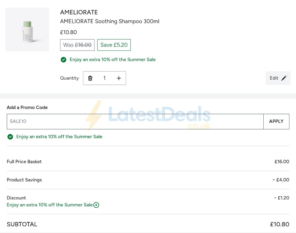 Screenshot of the Ameliorate discount code working