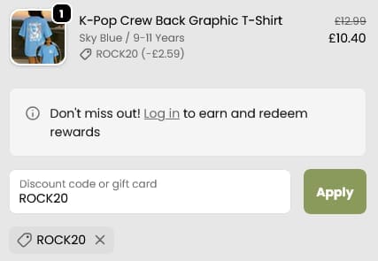 Screenshot of the My Rocking Kids discount code working