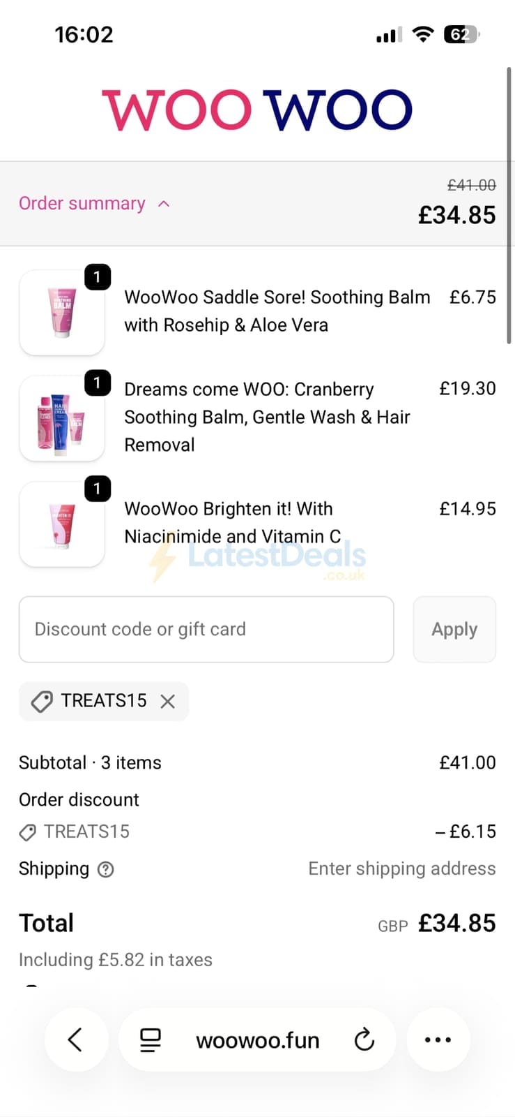 Screenshot of the WooWoo discount code working