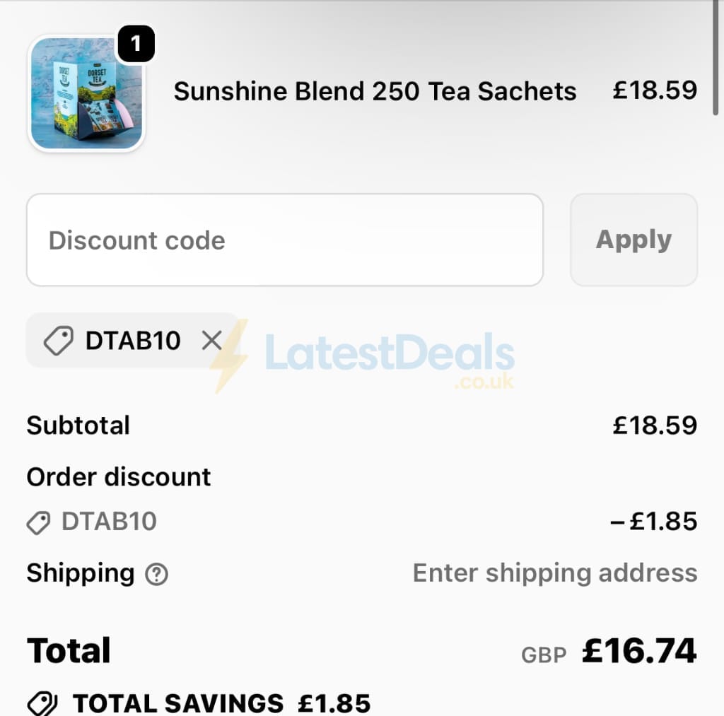 Screenshot of the Dorset Tea discount code working