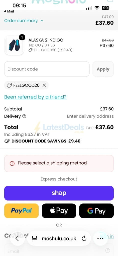 Screenshot of the Moshulu discount code working